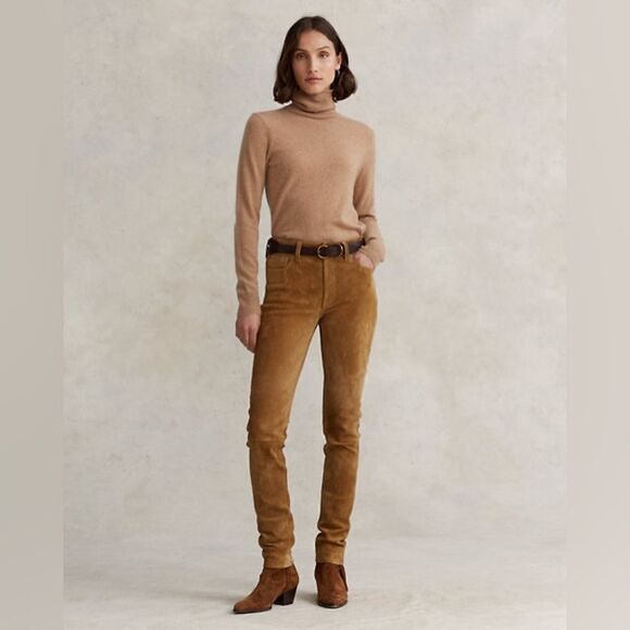 Polo Ralph Lauren Suede Cow Leather Tan Pants Skinny Stretch Trouser Size 8 - Picture 3 of 11